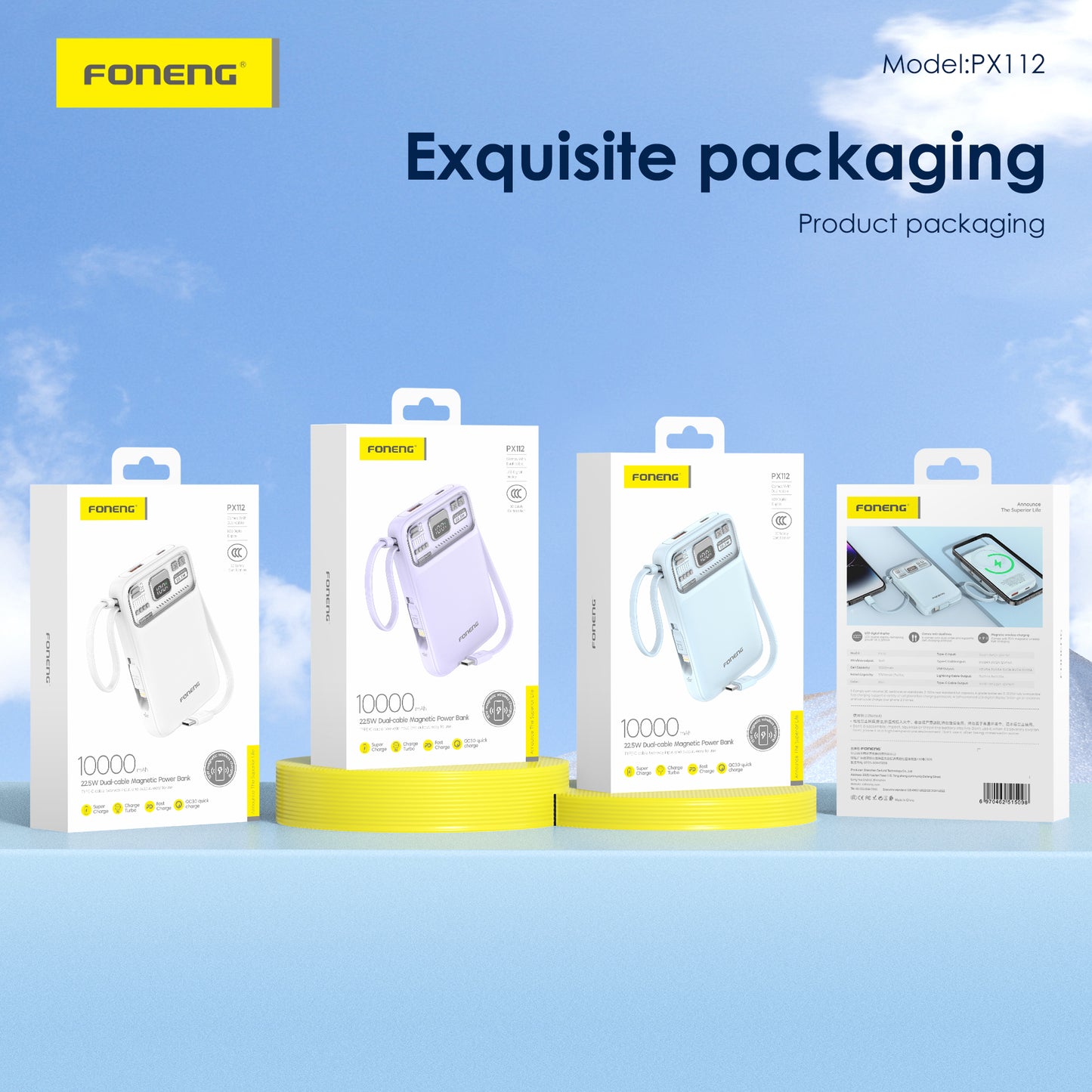 FONENG PX112 Magnetic Wireless Power Bank 22.5W with 2 Built-in Cables