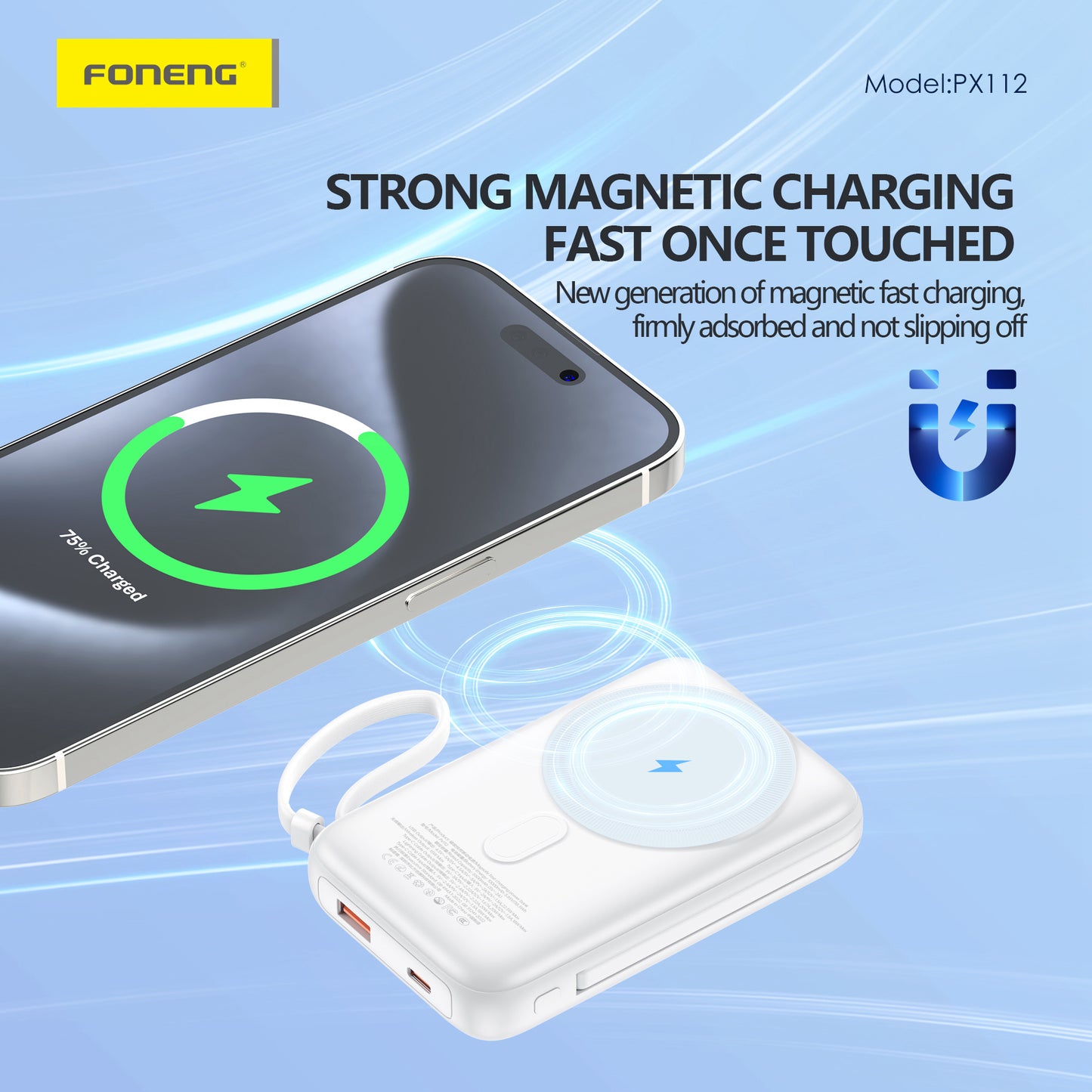 FONENG PX112 Magnetic Wireless Power Bank 22.5W with 2 Built-in Cables