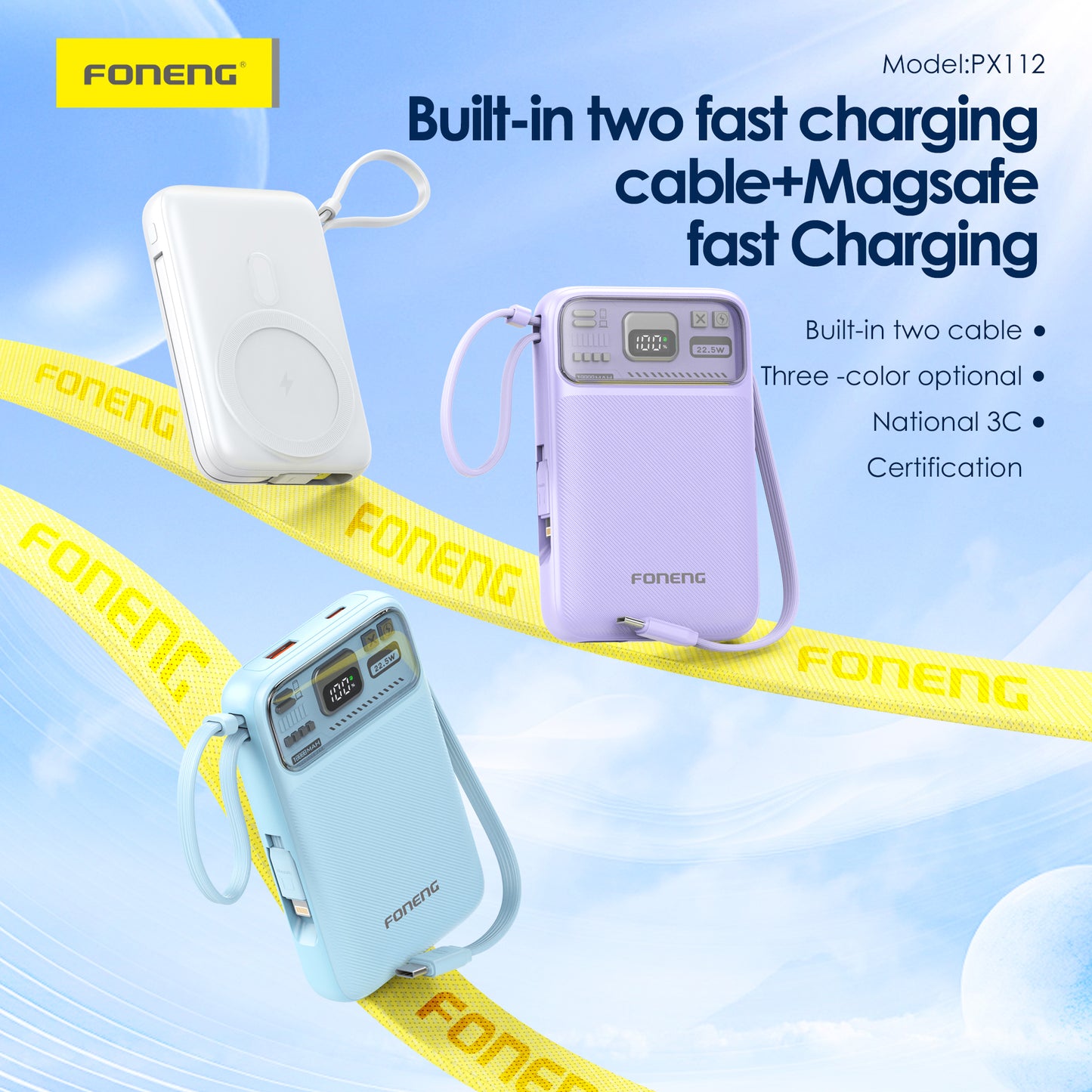 FONENG PX112 Magnetic Wireless Power Bank 22.5W with 2 Built-in Cables