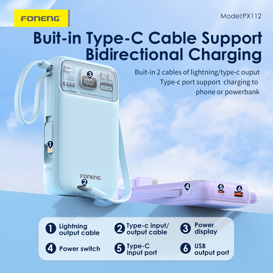 FONENG PX112 Magnetic Wireless Power Bank 22.5W with 2 Built-in Cables