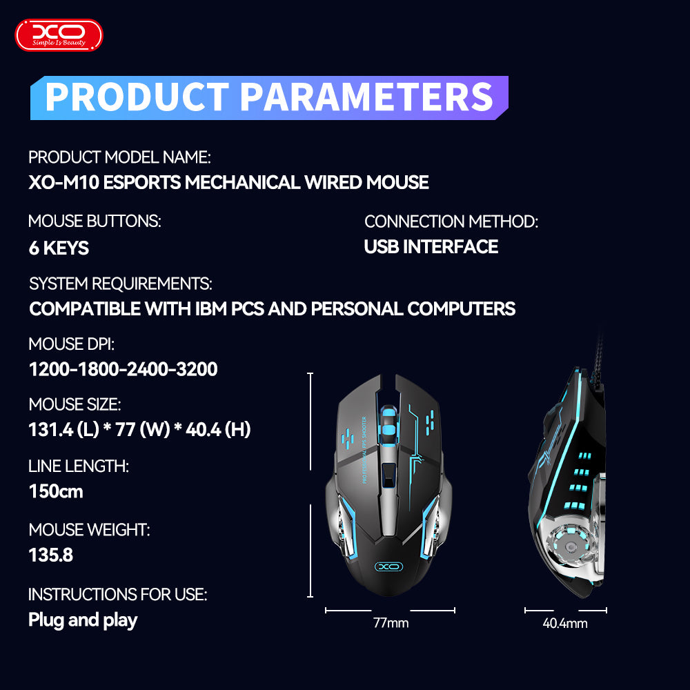 XO M10 Gaming Mechanical 6 Button Light Emitting Wired Mouse