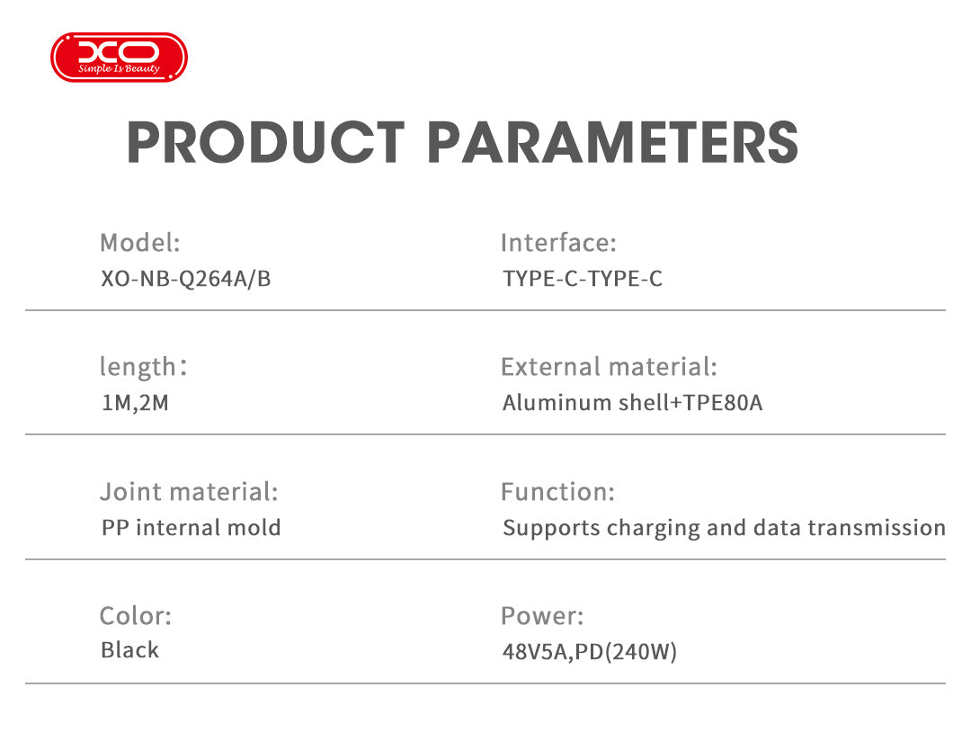 XO NB-Q264B Type-C to Type-C 240W High Power Cable