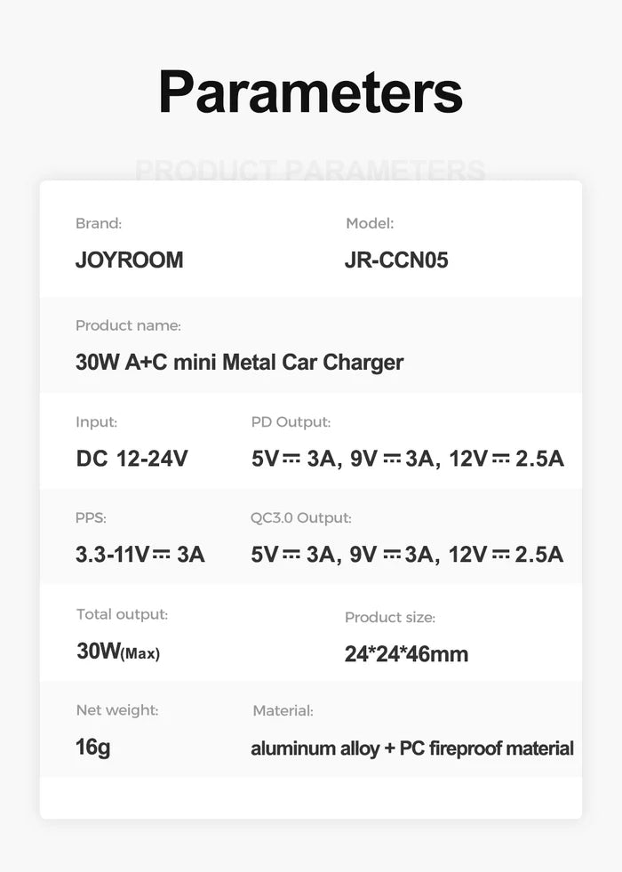 Joyroom JR-CCN05 PD+QC3.0 Fast Charge Dual Ports Car Charger 30W