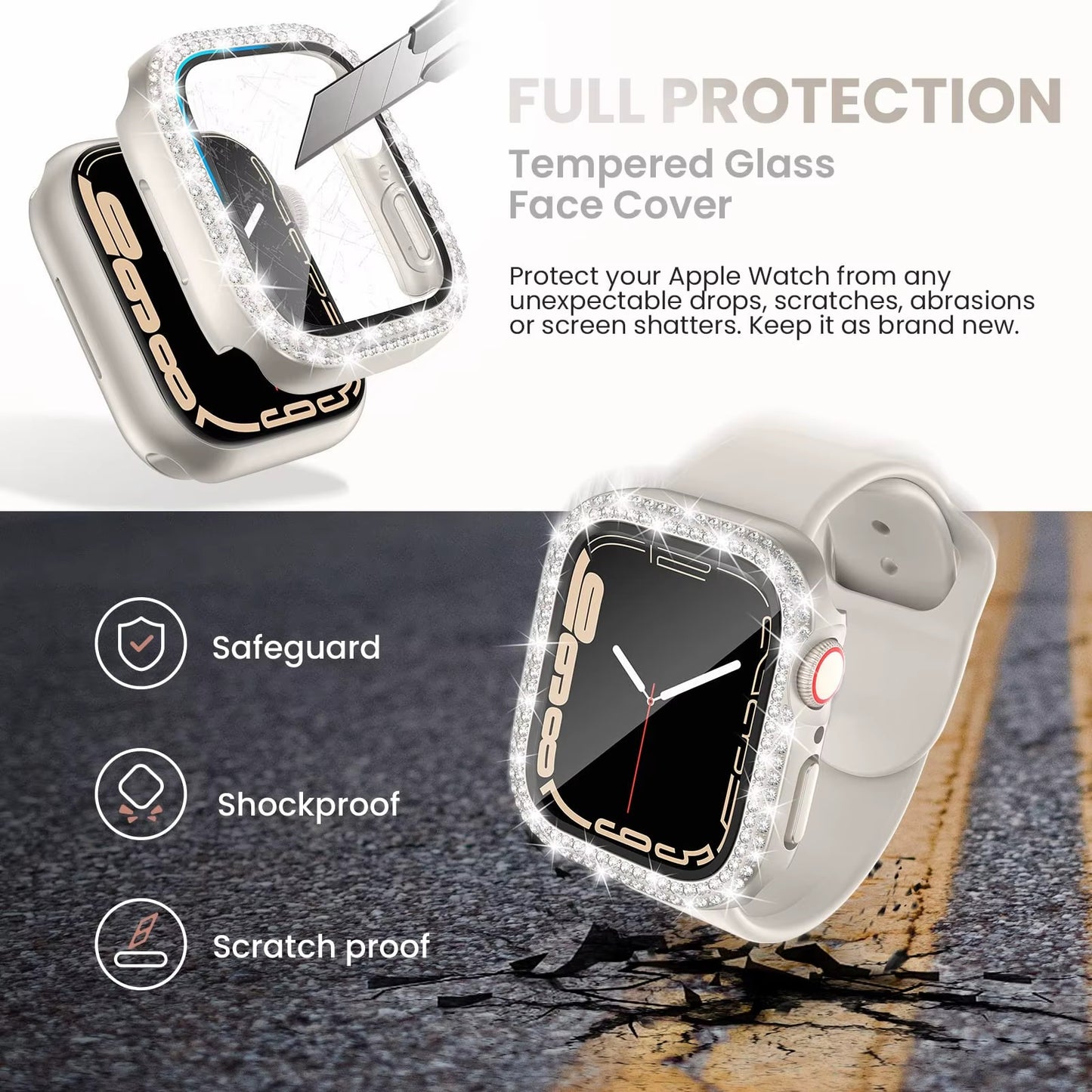 Watch 41mm Tempered Glass with Diamond Bezel Case