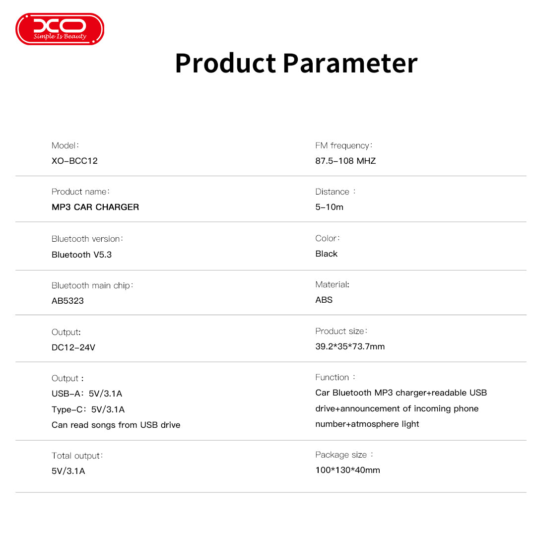 XO BCC12 Intelligent Bluetooth MP3+5V 3.1A Atmosphere Light Car Charger