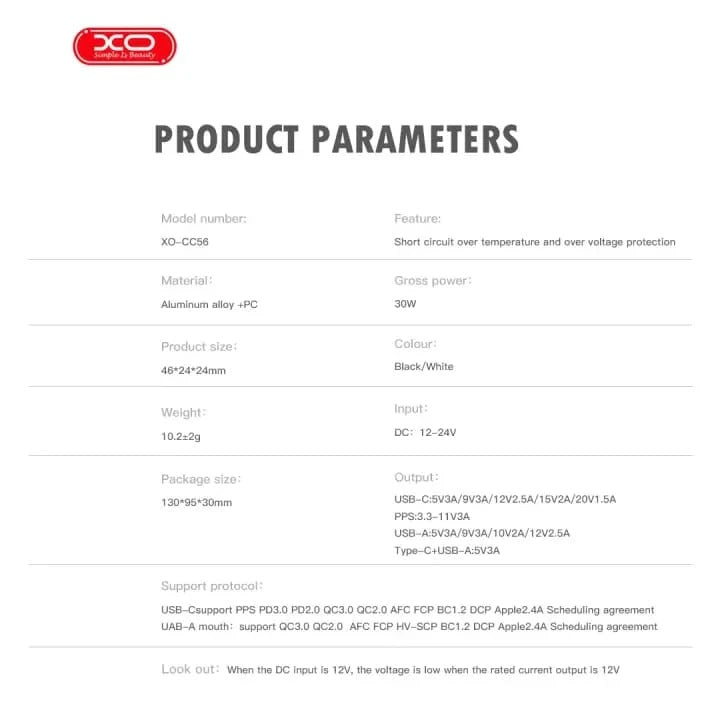 XO CC56 USB A+C 30W Mini Car Charger
