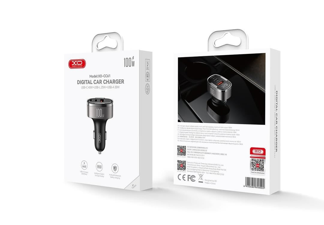 XO CC61 Intelligent 100W Car Charger (USB-A 30W+USB-C 45W+USB-L 25W)