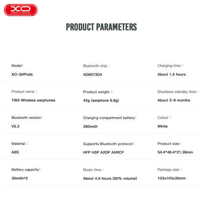 XO Q4Pods 4th Gen TWS Wireless Bluetooth Earphones