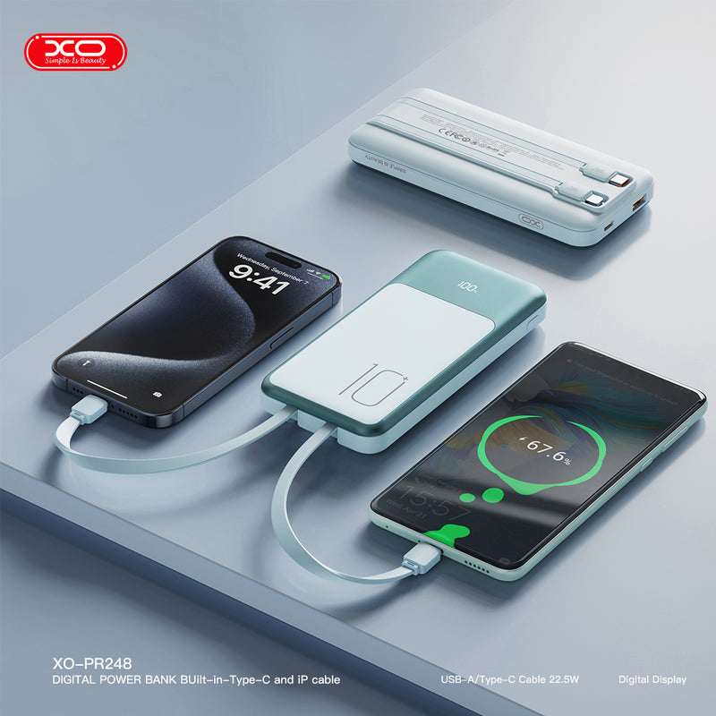 XO PR248 Digital Display Power Bank with Built-in Cables 10000mAh