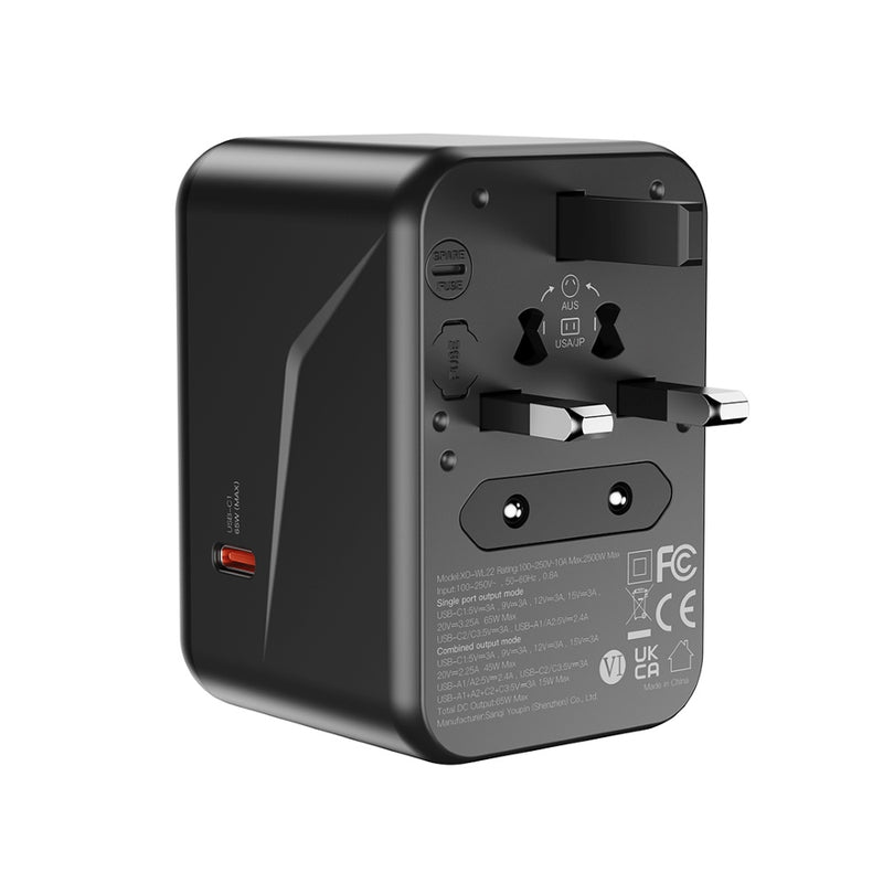 XO WL22 65W GaN Nitride Universal Travel Adapter Charger (1AC+3USB-C+2USB-A)