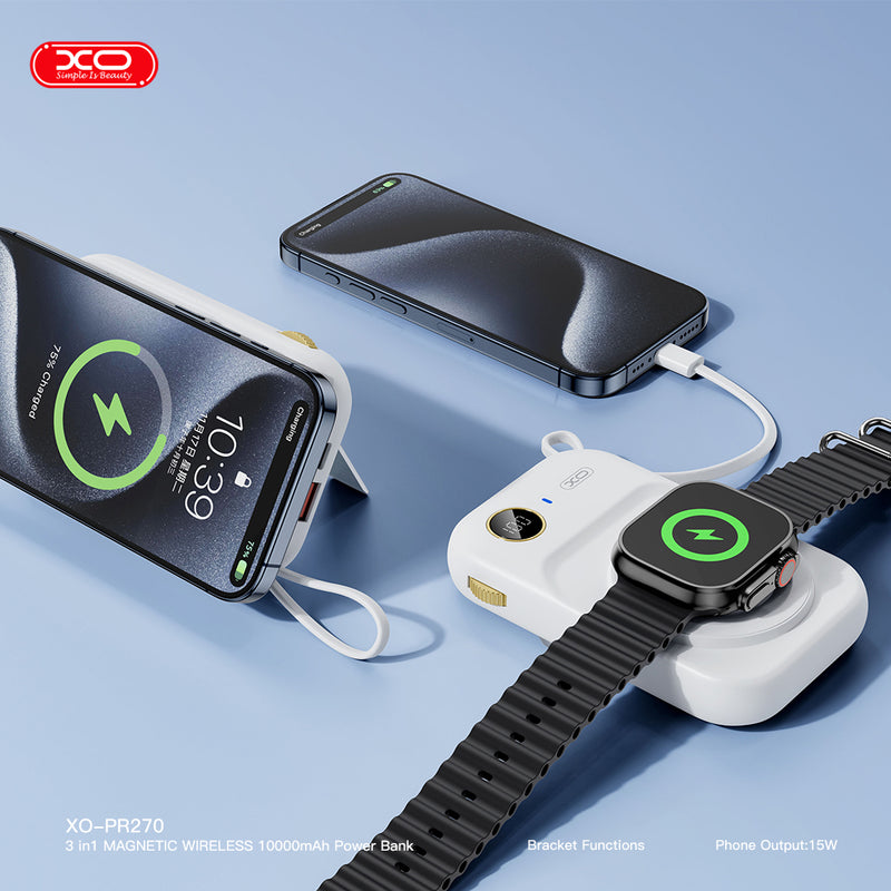 XO PR270 3 in 1 Magnetic 15W Wireless Charging Power Bank with Type-C Cable 10000mAh