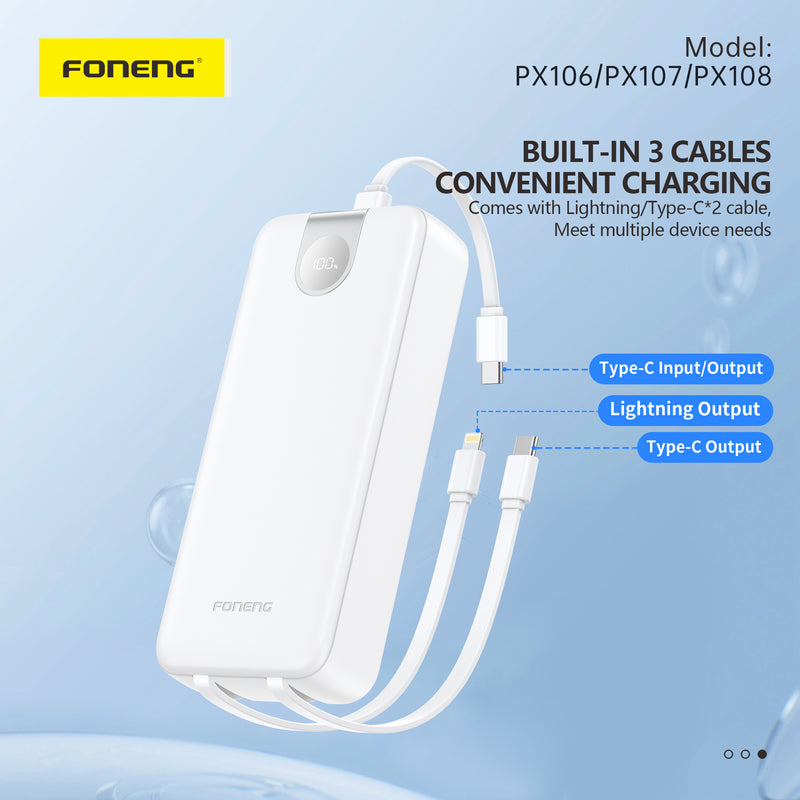 FONENG Power Bank 22.5W with 3 Built-in Cables