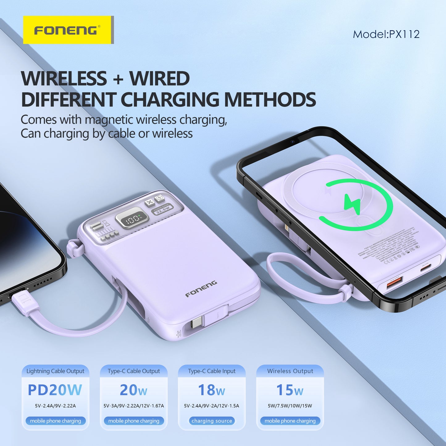 FONENG PX112 Magnetic Wireless Power Bank 22.5W with 2 Built-in Cables