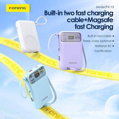FONENG PX112 Magnetic Wireless Power Bank 22.5W with 2 Built-in Cables