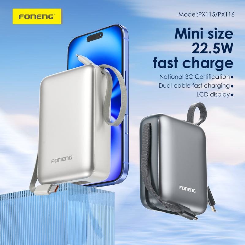 FONENG PX115/PX116 Mini Power Bank 22.5W with 2 Built-in Cables