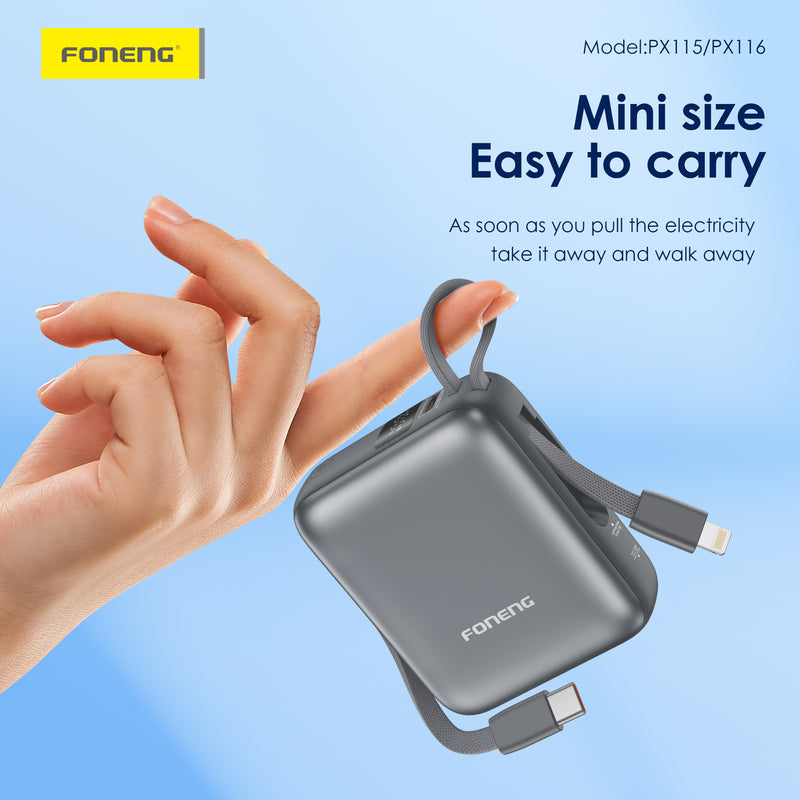 FONENG PX115/PX116 Mini Power Bank 22.5W with 2 Built-in Cables