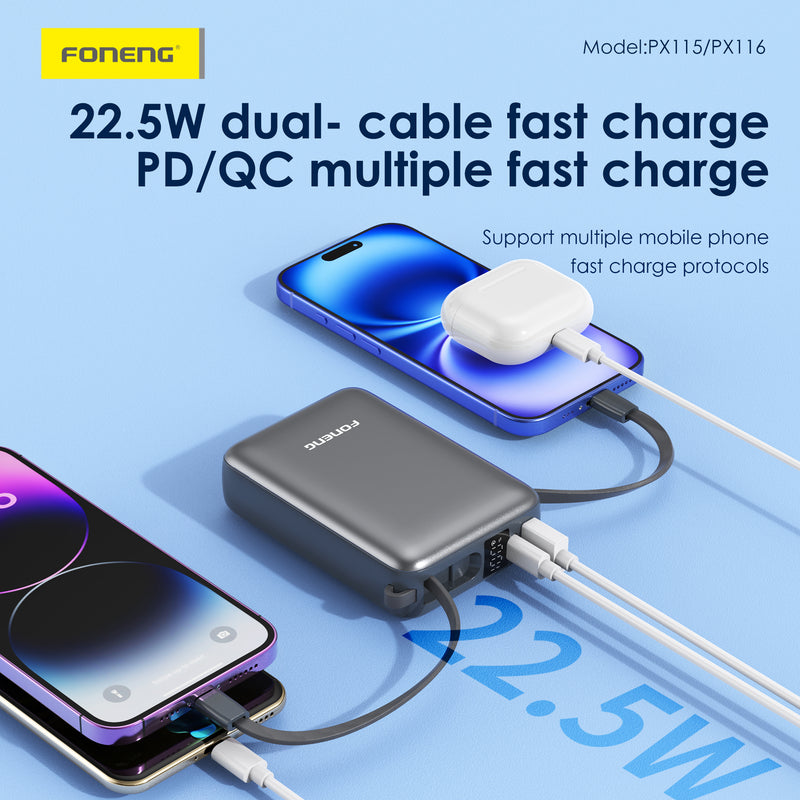 FONENG PX115/PX116 Mini Power Bank 22.5W with 2 Built-in Cables