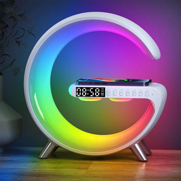 G2388A G Shape RGB Light Multi Functional with Alarm Clock Wireless Charger Speaker