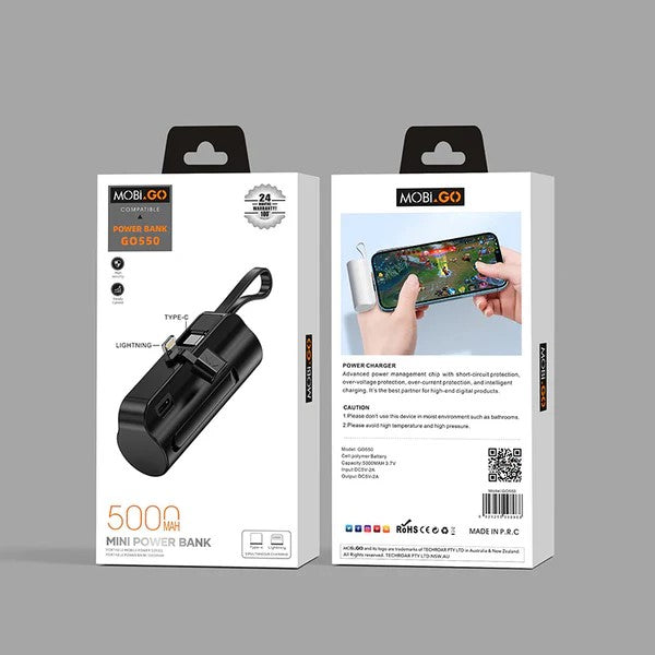 Mobigo GO550 Mini Power Bank with Type-C & Lightning Cable 5000mAh