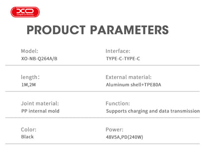 XO NB-Q264B Type-C to Type-C 240W High Power Cable