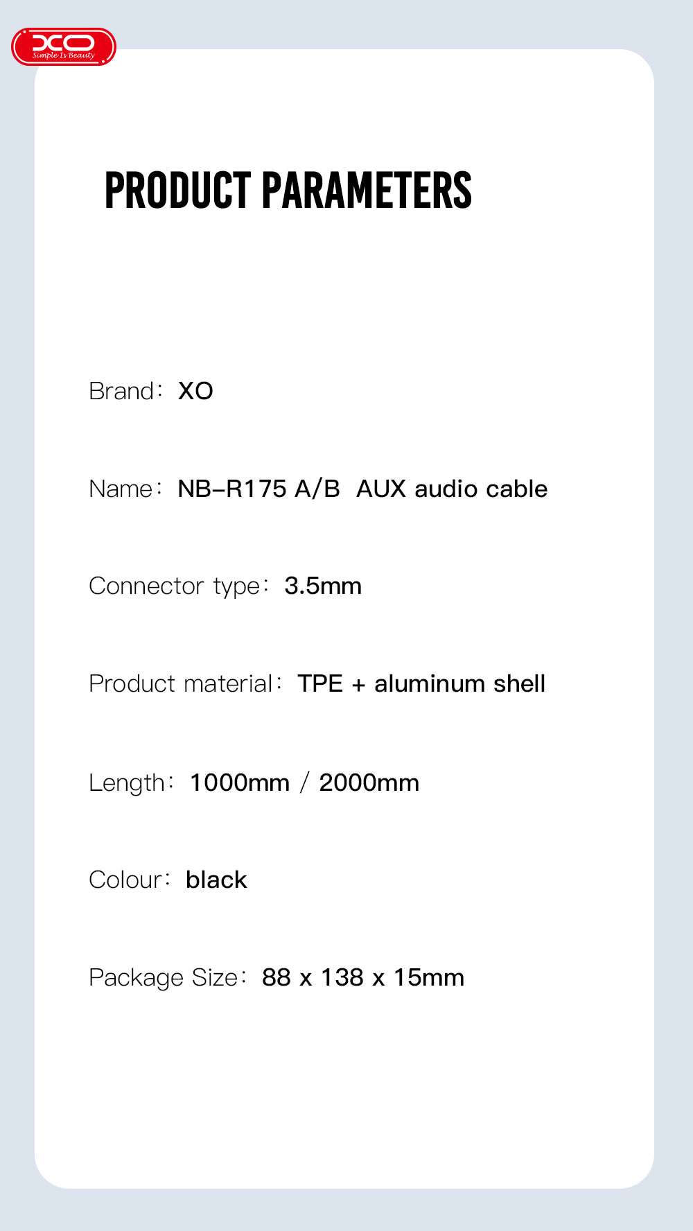 XO NB-R175B 3.5mm to 3.5mm AUX Audio Cable