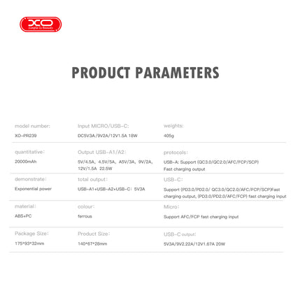 XO PR239 Digital Display 22.5W Power Bank 20000mAh