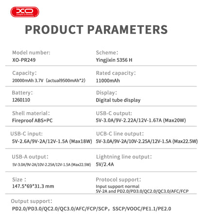 XO PR249 Digital Display Power Bank with Built-in Cables 20000mAh
