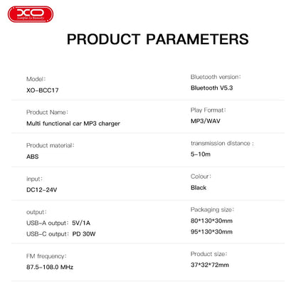 XO BCC17 Smart Bluetooth MP3 A+C Dual Port PD30W Car Charger