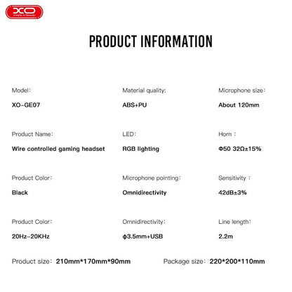 XO GE-07 Static RGB Long Mic Gaming Headphones USB+Dual 3.5mm