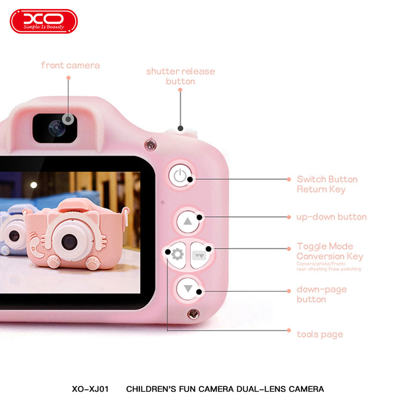 XO XJ01 Cartoon Dual Lens Children Camera Comes with Silicone Cover