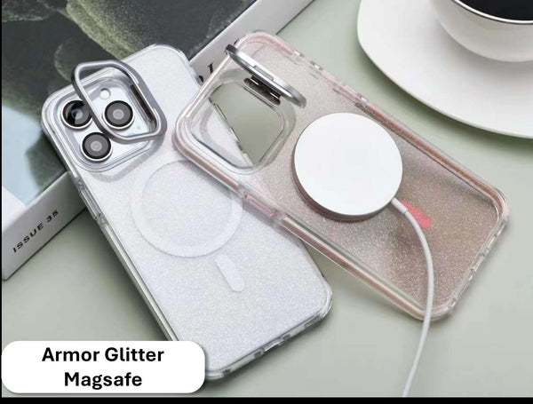 iPhone 16 6.1 Armor Glitter Magsafe Case with with Stash Stand